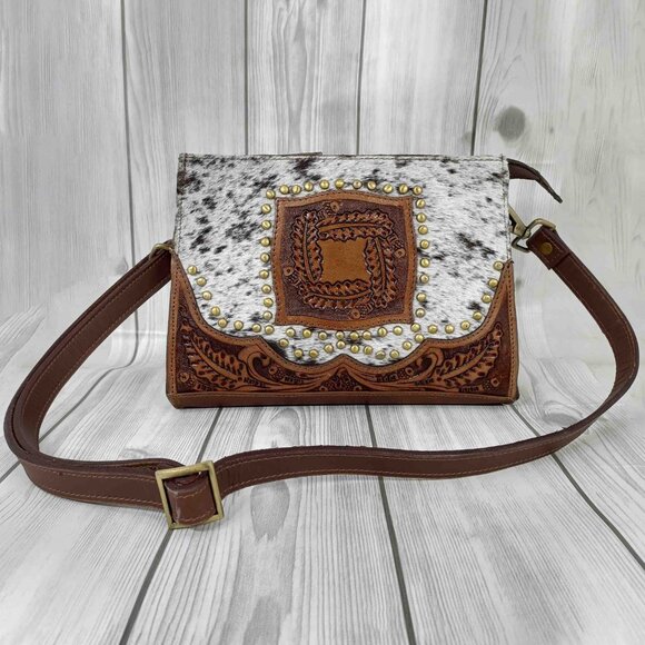 Western Hair-on Leather Purse – Tooled Cowhide Tote, Crossbody Shoulder Bag - Picture 4 of 12